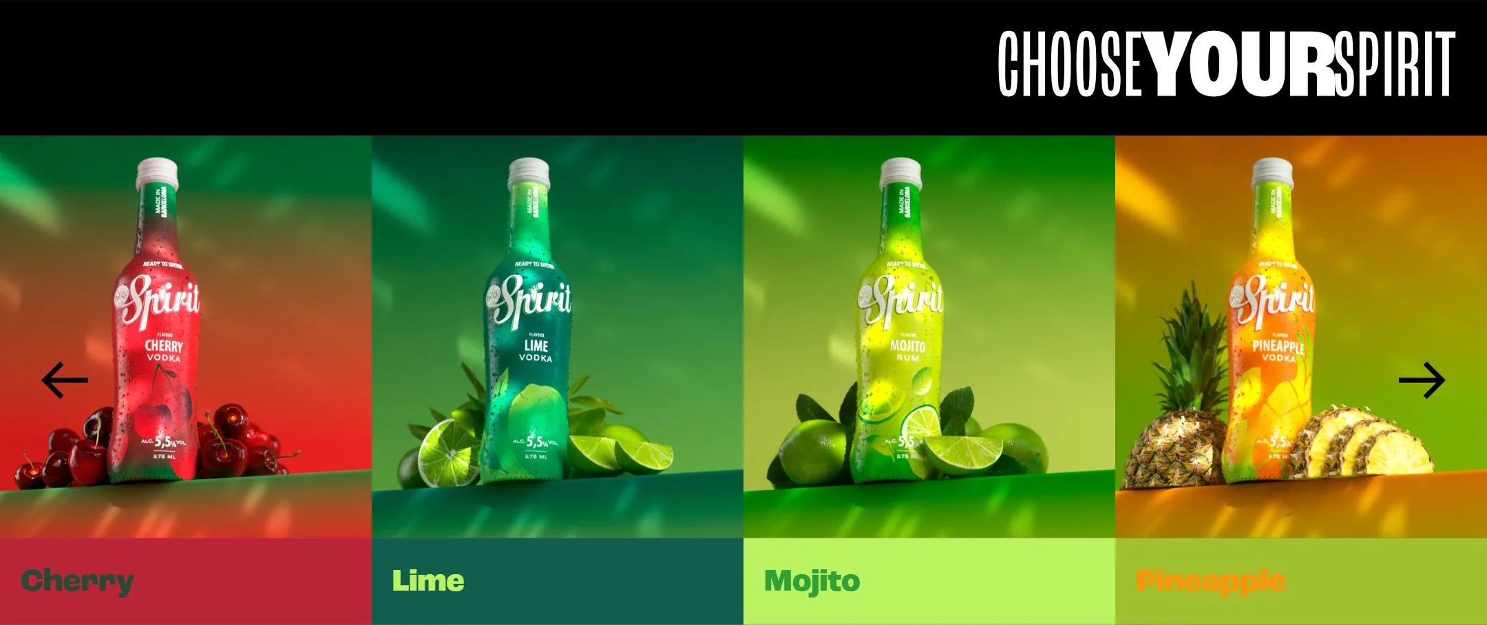 Carrusel Choose your Spirit con cuatro botellas, cada una sobre el color de su sabor: Cherry, Lime, Mojito y Pineapple.