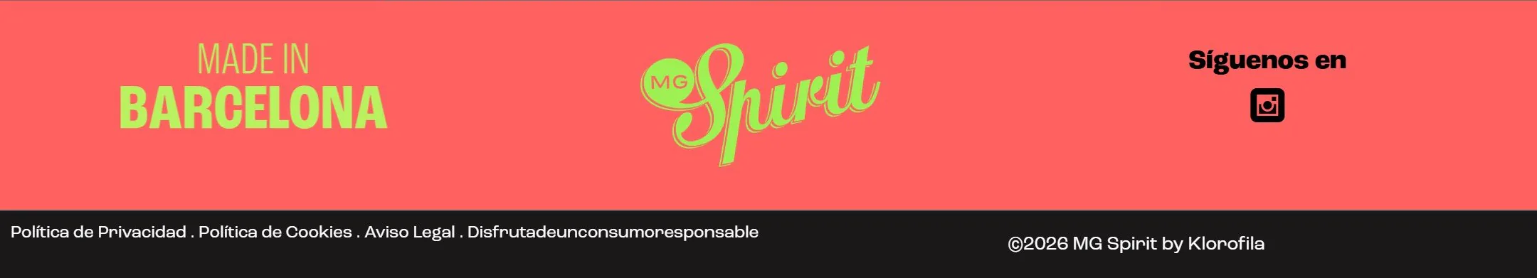 Pie de la web en coral con Made in Barcelona, el logotipo de MG Spirit y el enlace a redes.