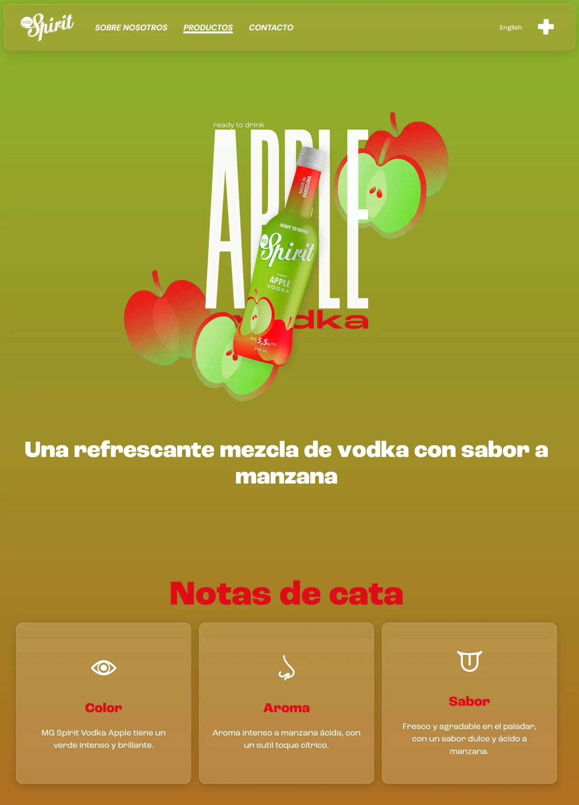 Ficha del sabor Apple: fondo verde manzana, la palabra Apple gigante detrás de la botella y tres tarjetas con color, aroma y sabor.
