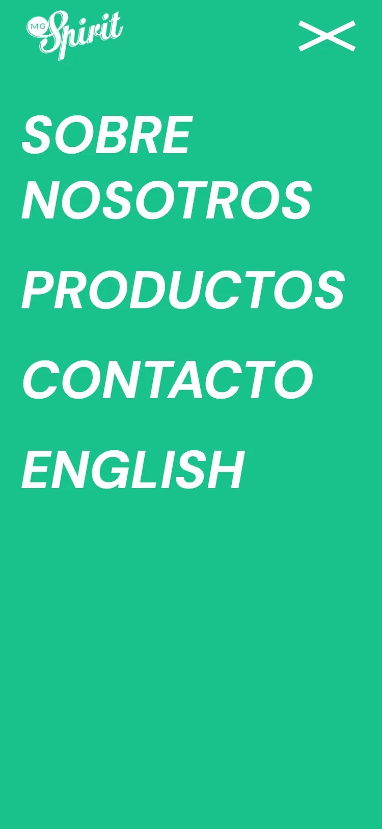 Menú móvil a pantalla completa en verde con los enlaces Sobre nosotros, Productos, Contacto y English en cursiva.