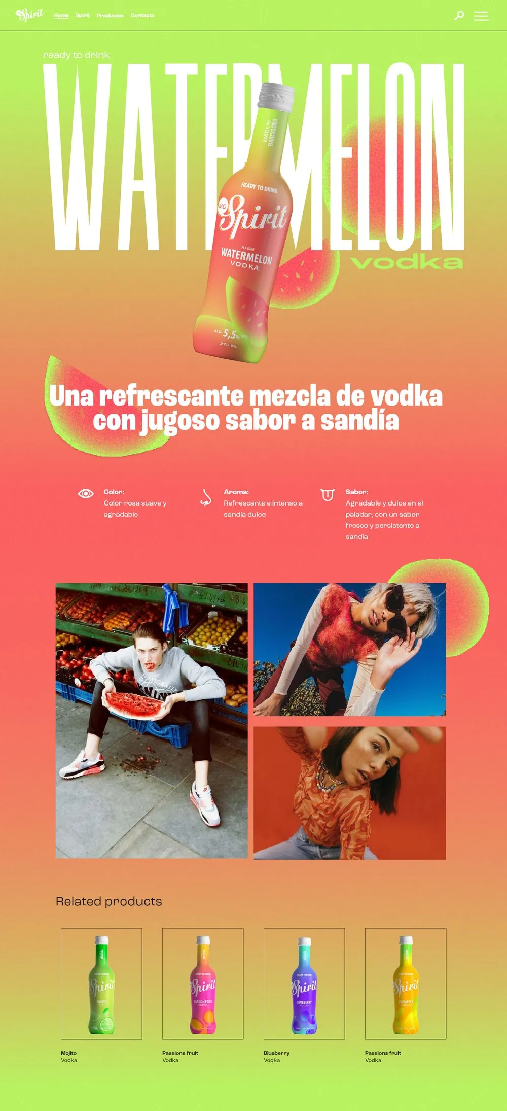 Propuesta 01 de la ficha de Watermelon Vodka: nombre gigante detrás de la botella, notas de cata y galería de fotos.