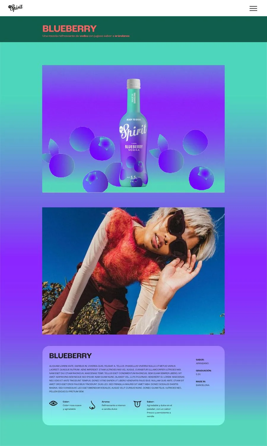 Propuesta 02: ficha de Blueberry con degradado turquesa a violeta, botella, foto y notas de cata.