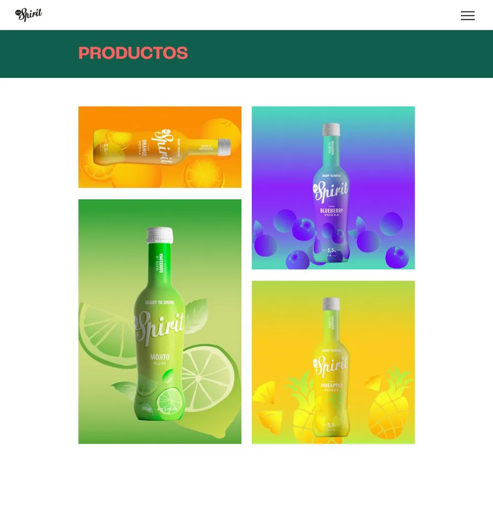 Propuesta 02: página de productos en mosaico con cada botella sobre su color.