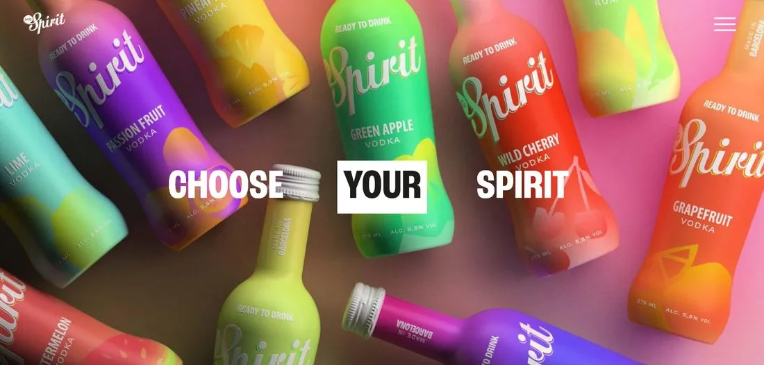Propuesta 03: botellas de colores sobre fondo rosa con el texto Choose your Spirit en etiquetas.